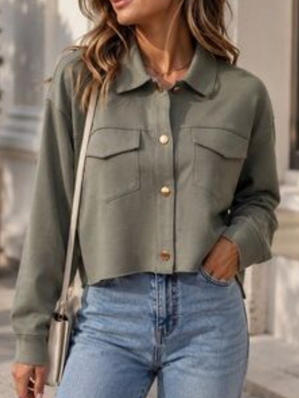 Carolina Belle Olive Utility Crop Jacket Shirt With Snap Gold Buttons Size XL